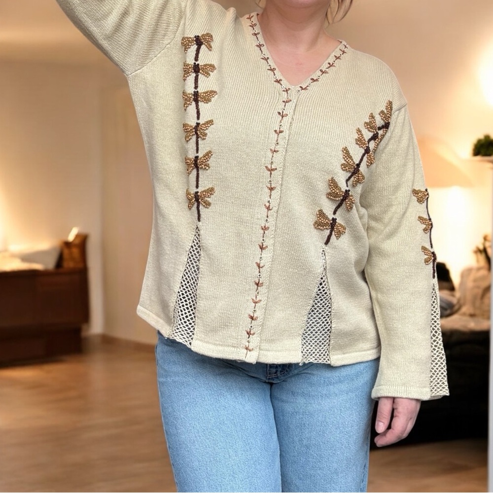 Storybook Knits Beaded Dragonfly Sweater Size L